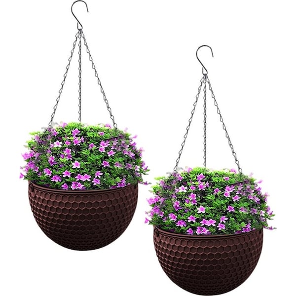 SOGA 2X Coffee Small Hanging Resin Flower Pot Self Watering Basket Planter Outdoor Garden Decor