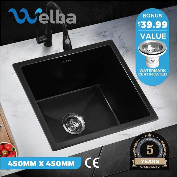 Welba Kitchen Sink Stone Sink Granite Laundry Basin Single Bowl 45cmx45cm Black