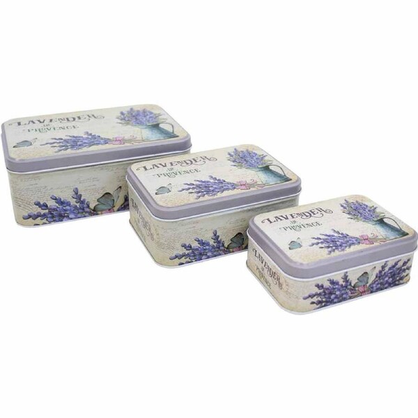 French Country Vintage Look Metal Lavender Rectangle Set 3 Tins
