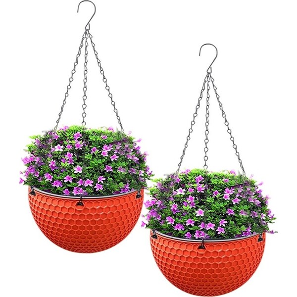 SOGA 2X Red Medium Hanging Resin Flower Pot Self Watering Basket Planter Outdoor Garden Decor