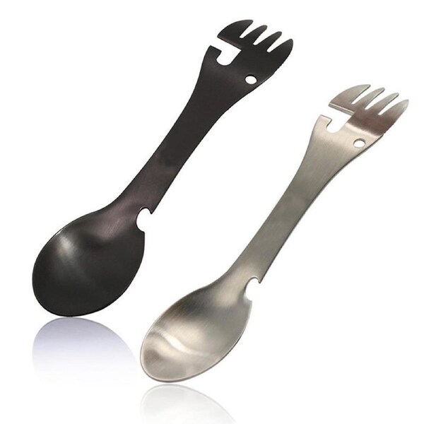 Nevenka 2Pack 5-in-1 Utility Tactical Spork Portable Stainless Steel Camping Utensil-BlackSilver