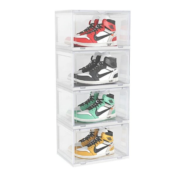 SOGA 4 Tier Transparent Portable Shoe Organiser Sneaker Footwear Folding Plastic Bin Stackable Storage Box with Magnetic Door