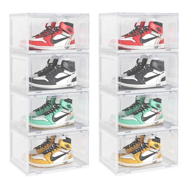 SOGA 2X 4 Tier Transparent Portable Shoe Organiser Sneaker Footwear Folding Plastic Bin Stackable Storage Box with Magnetic Door