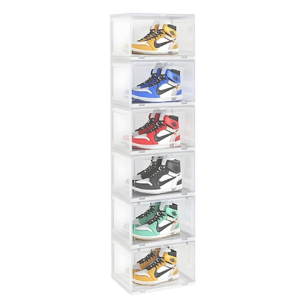 SOGA 6 Tier Transparent Portable Shoe Organiser Sneaker Footwear Folding Plastic Bin Stackable Storage Box with Magnetic Door
