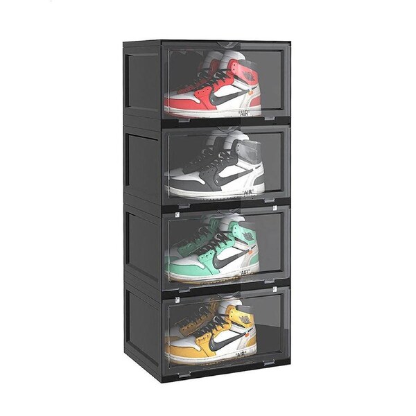 SOGA 4 Tier Black Portable Shoe Organiser Sneaker Footwear Folding Plastic Bin Stackable Storage Box with Magnetic Door