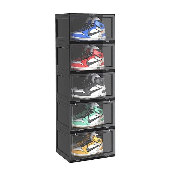 SOGA 5 Tier Black Portable Shoe Organiser Sneaker Footwear Folding Plastic Bin Stackable Storage Box with Magnetic Door