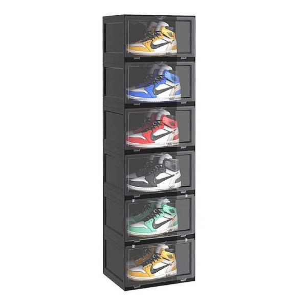 SOGA 6 Tier Black Portable Shoe Organiser Sneaker Footwear Folding Plastic Bin Stackable Storage Box with Magnetic Door