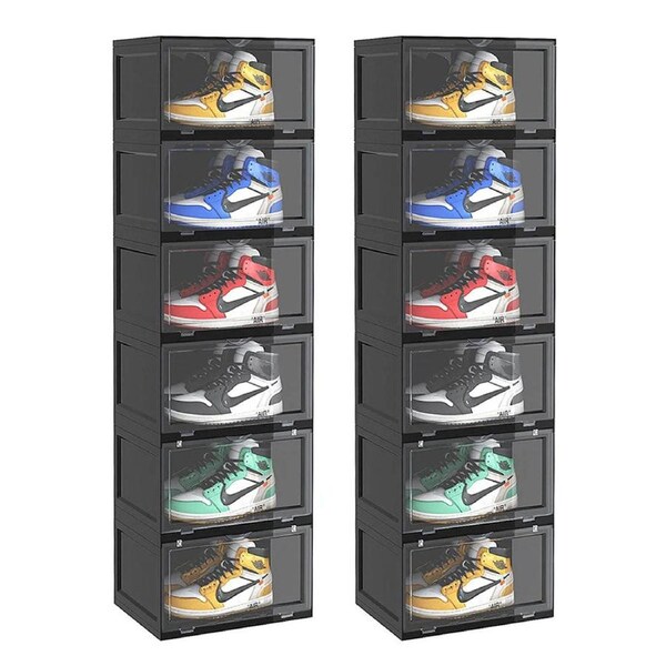SOGA 2X 6 Tier Black Portable Shoe Organiser Sneaker Footwear Folding Plastic Bin Stackable Storage Box with Magnetic Door