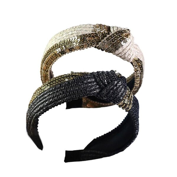 Nevenka 2Pack Knotted Sequins Headbands for Women Wide Turban Headbands FG80-WhiteBlack