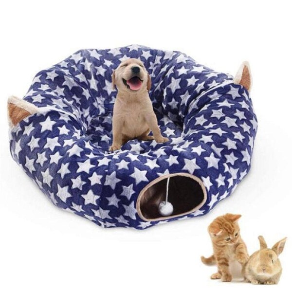 Nevenka Cat Tunnel Soft Bed with Central Mat Foldable Toy-Blue Star