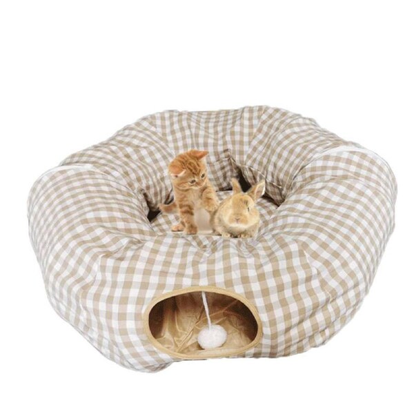 Nevenka Cat Tunnel Soft Bed with Central Mat Foldable Toy-BeigePlaid
