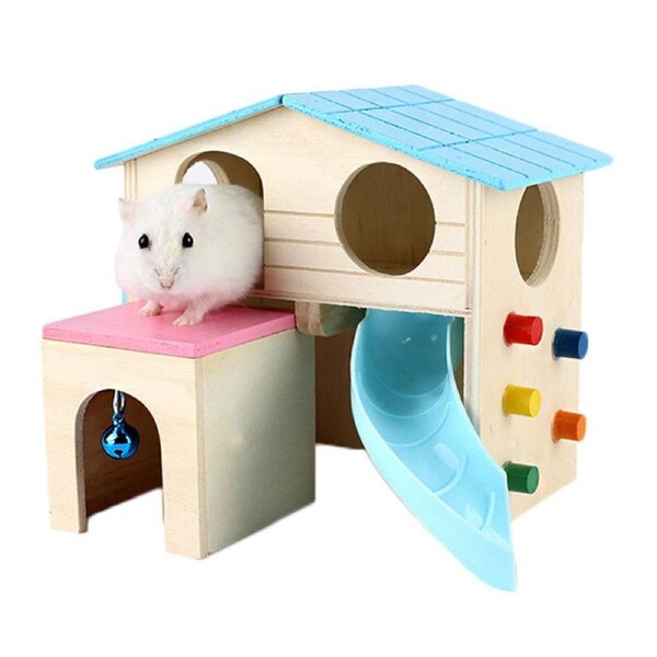 Nevenka Small Animal Wooden Hideout Hamster House with Slide-Blue