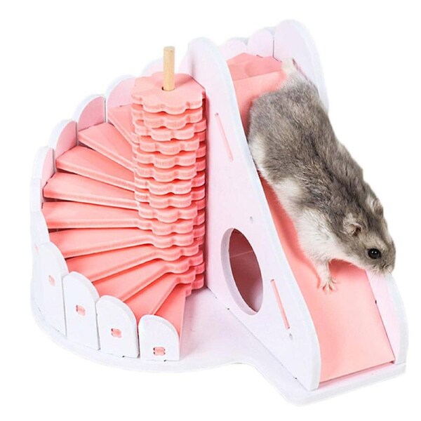 Nevenka Hamster Hideout Wooden House with Climbing Slides-Pink