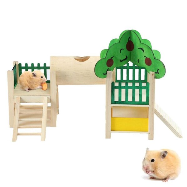 Nevenka Hamster Wooden Playground Hideout with Tube Fences Ladders-Green