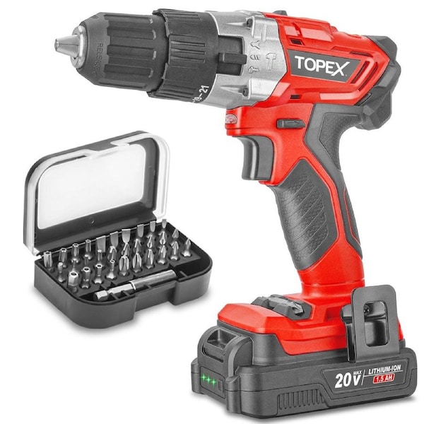 TOPEX 20V Max Cordless Hammer Drill w/ Li-Ion Battery & Screwdriver Bit Set