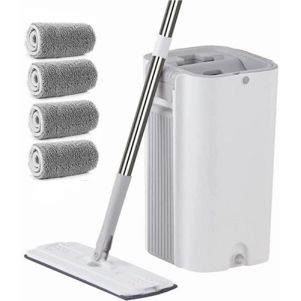 Floor Mop and Bucket Set with Extra 4 Microfiber Mop Pads,Stainless Steel Handle Flat Mop Self-Wring System Bucket