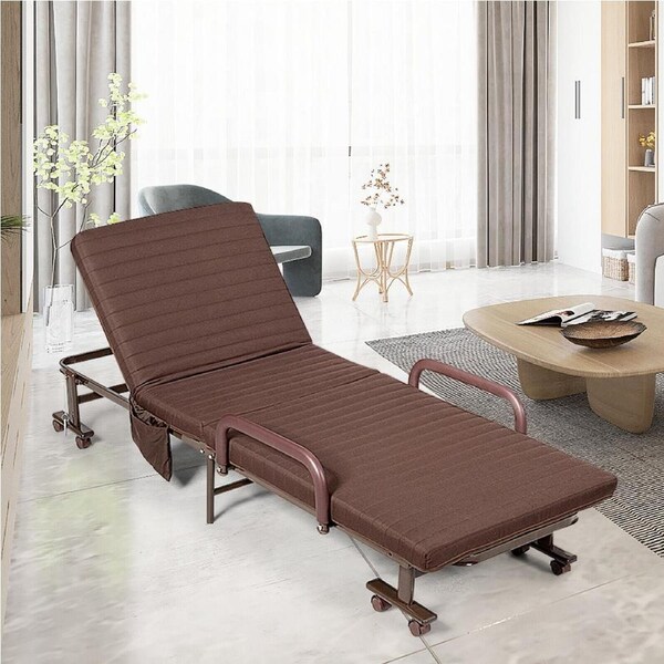 Giantex Folding Guest Bed w/Mattress & Storage Bag Adjustable Folding Sleeper Single Bed Heavy Duty Metal Frame for Home Office Camping Brown