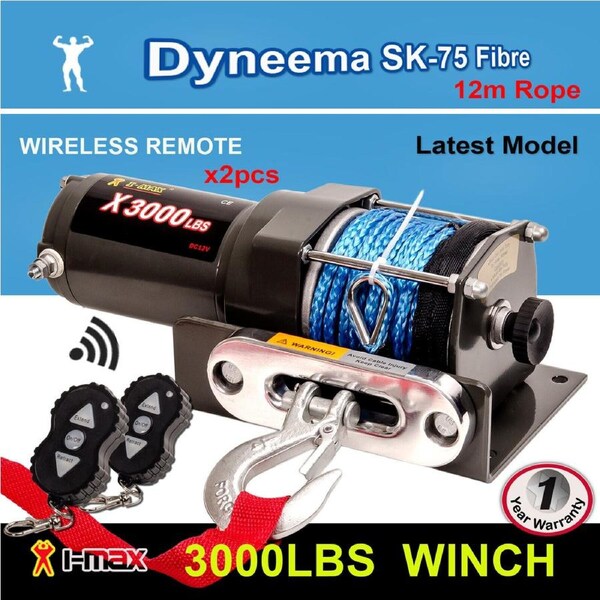 I-Max Electric Winch 12V Wireless 3000LBS / 1361KGS Synthetic Blue Rope ATV 4WD BOAT