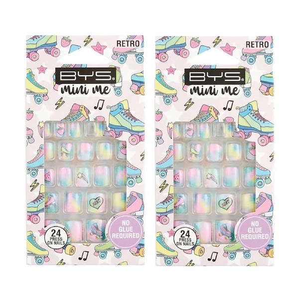 48pc BYS Mini Me Kids/Children Stick/Press On Artificial Nails Roller Retro 3y+