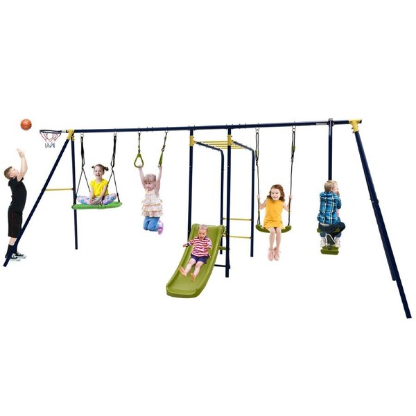 Costway 7-IN-1 Playground Climb Slide Swing Set Outdoor Backyard Metal Playset 4 Seats & Basketball Hoop