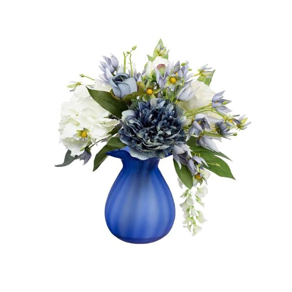 32cm Rose Peony & Wisteria Arrangement in Glass Artificial Flower Plant - Blue