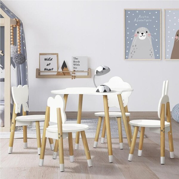 1 Keezi Kids Table and 4 Chairs Set Natural White