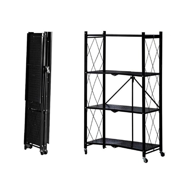 Foret Bookshelf Foldable Shelf Metal Display Rack Kitchen Shelves Wheels Storage 4 Tier