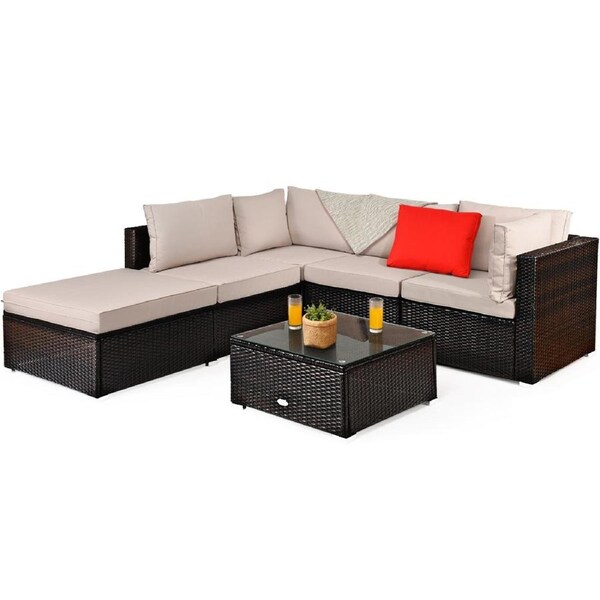Costway 6PC Patio Rattan Sofa Set Outdoor Furniture Setting Garden Lounge Set w/Cushion & Table