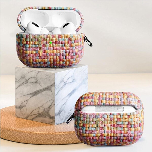 2 Pack Leather Woven Textured Earphone Case With Hook For Airpods Pro