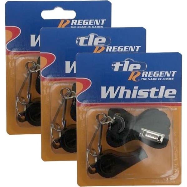 3x Regent Sports Coach/Referee Survival/Emergency Plastic Whistle/Lanyard Black