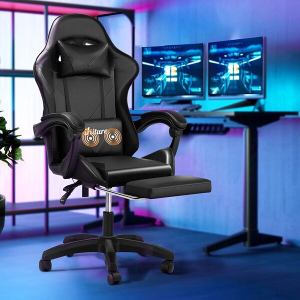 Oikiture Massage Gaming Chair Lumbar Support Height Adjustable Swivel Seat Headrest for Office Gaming
