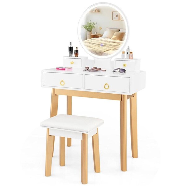 Giantex Vanity Table Set w/ LED Lighted Mirror Makeup Dressing Table 3 Color Lighting Modes Makeup Desk Dresser Set White