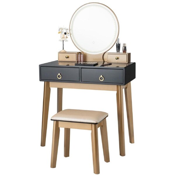 Giantex Vanity Table Set w/ LED Lighted Mirror Makeup Dressing Table 3 Color Lighting Modes Makeup Desk Dresser Set Black