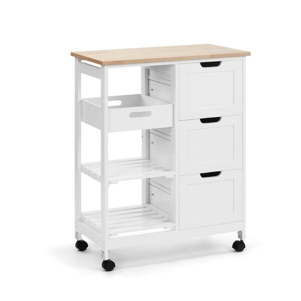 Design Square Fiona Kitchen Trolley Storage Cabinet 3-Drawers 2-Shelves & Tray - White/Oak