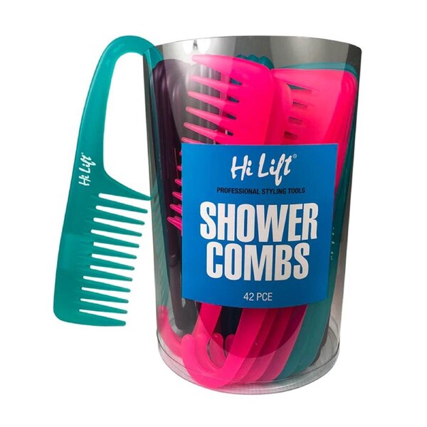 Hi Lift Shower Hair Combs Brush Assorted Colours Large Curved Handle 42 pcs