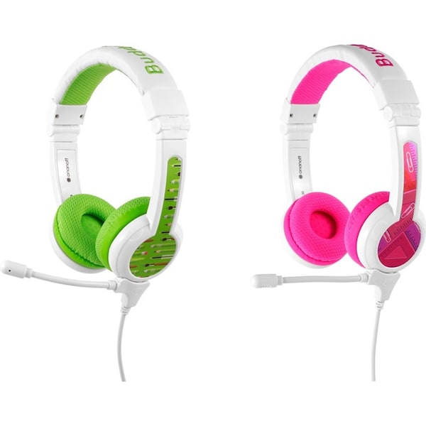 2pc BuddyPhones School Plus Wired Headphones/Headset w/ Boom Mic Pink/Green Kids