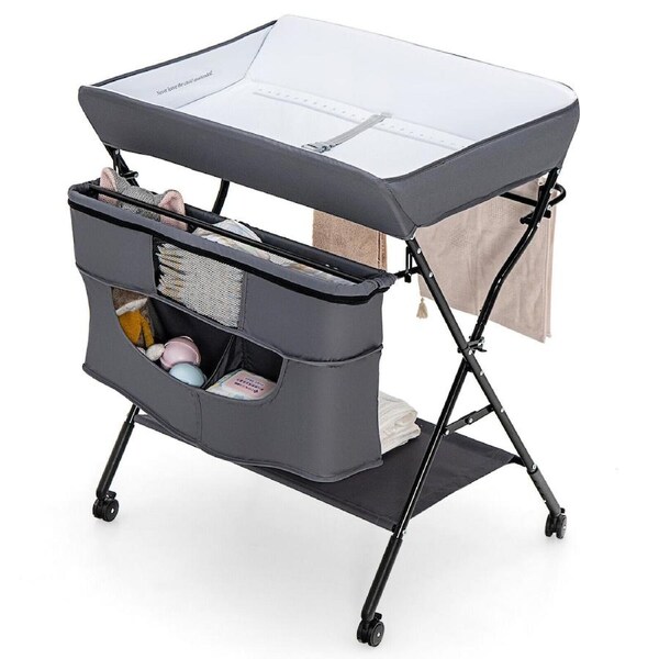 Giantex 4-in-1 Baby Changing Table Foldable Diaper Station Height Adjustable Mobile Nursery Stand Organizer Grey