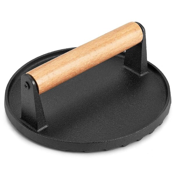 Heavy Duty Round Cast Iron Grill Burger Press Pre-Seasoned Steak Griddle BBQ Grilling