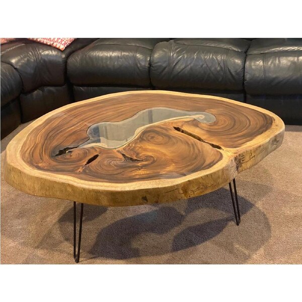 Coffee Table, Round wood large 112 cm across 91cm width and 9 cm thick, glass inlay feature