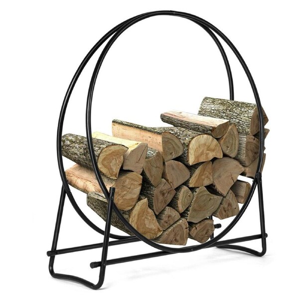 Costway 102cm Firewood Storage Rack Log Hoop Stand Fireplace Wood Holder Lumber Shelter Stand Outdoor