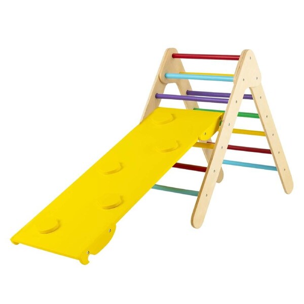 Costway Climb Playset 3in1 Wood Climbing Frmae Triangle Slide Set w/Ramp Outdoor Activity Center Color