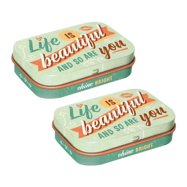 2x Nostalgic Art 4x6cm Metal Mint Box Tin Candy Life Is Beautiful and So Are You