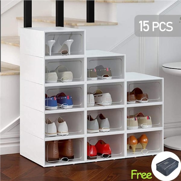 Advwin 15 Pcs Shoe Box Clear Plastic Stackable Shoe Organizer Foldable Shoe Containers Storage Holders White