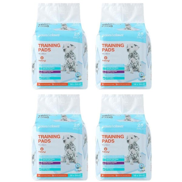 4x 25PK Paws & Claws 56cm Quilted Antibacterial Training Pads Indoor Absorbent