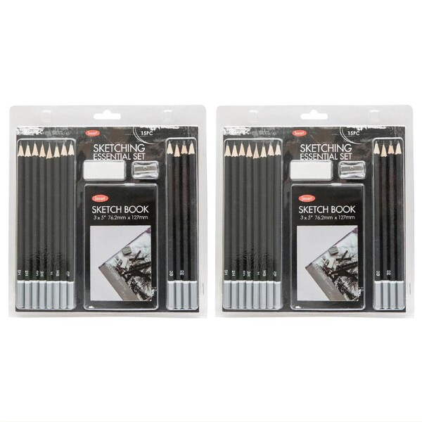 2x 15pc Jasart Essentials Sketching Pencil Set Art/Craft Drawing w/ Sketchbook