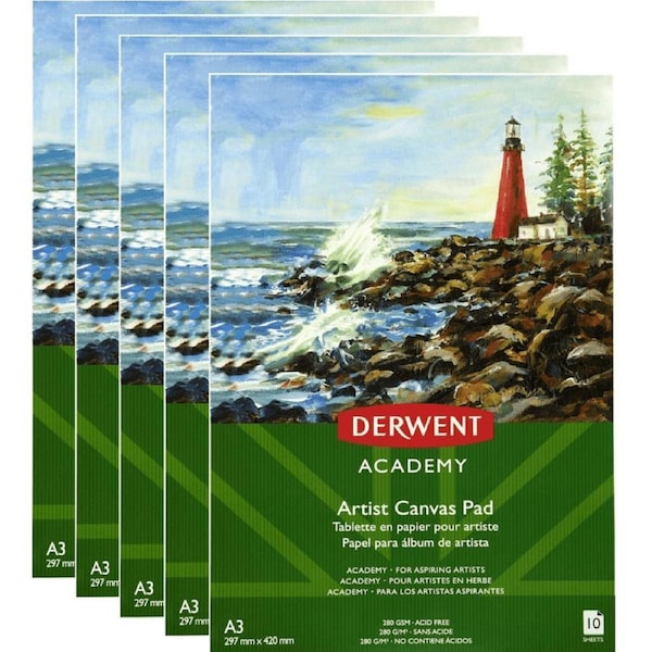 Derwent Academy Artists Canvas Pad Paper 280gsm A3 10 Sheets 5 Pack