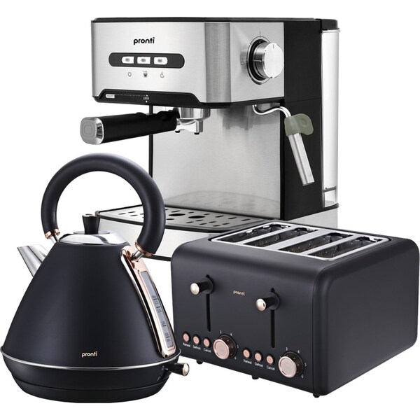 Pronti Toaster, Kettle & Coffee Machine Breakfast Set - Black