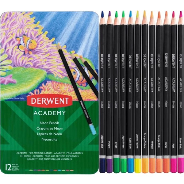 Derwent Academy Neon Coloured Pencils Tin 12 Set