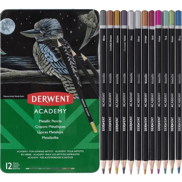 Derwent Academy Metallic Coloured Pencils Tin 12 Set