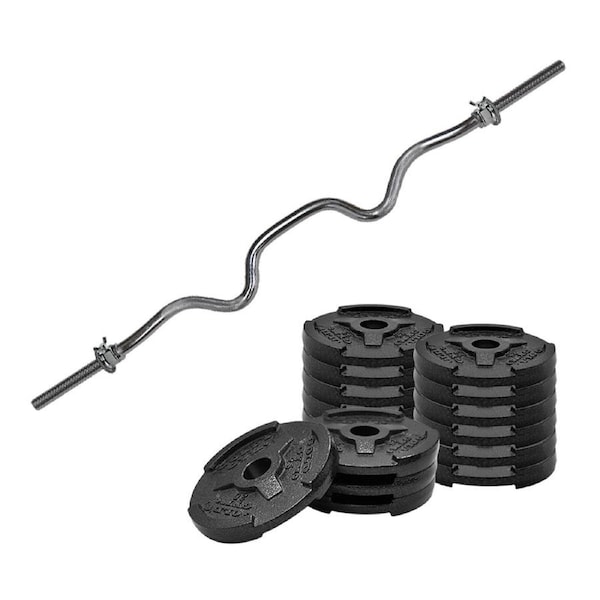 23.14kg Weight Set - 120cm Super Curl Bar + 16 x 2.5lbs Cast Iron Weight Plates
